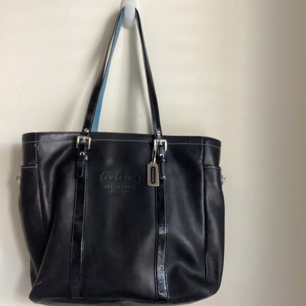 Coach Leatherware Tote Bag Black  Blue Straps